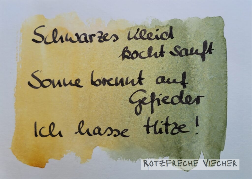 Schwarzes Kleid kocht sanft, Sonne brennt auf Gefieder, ich hasse Hitze