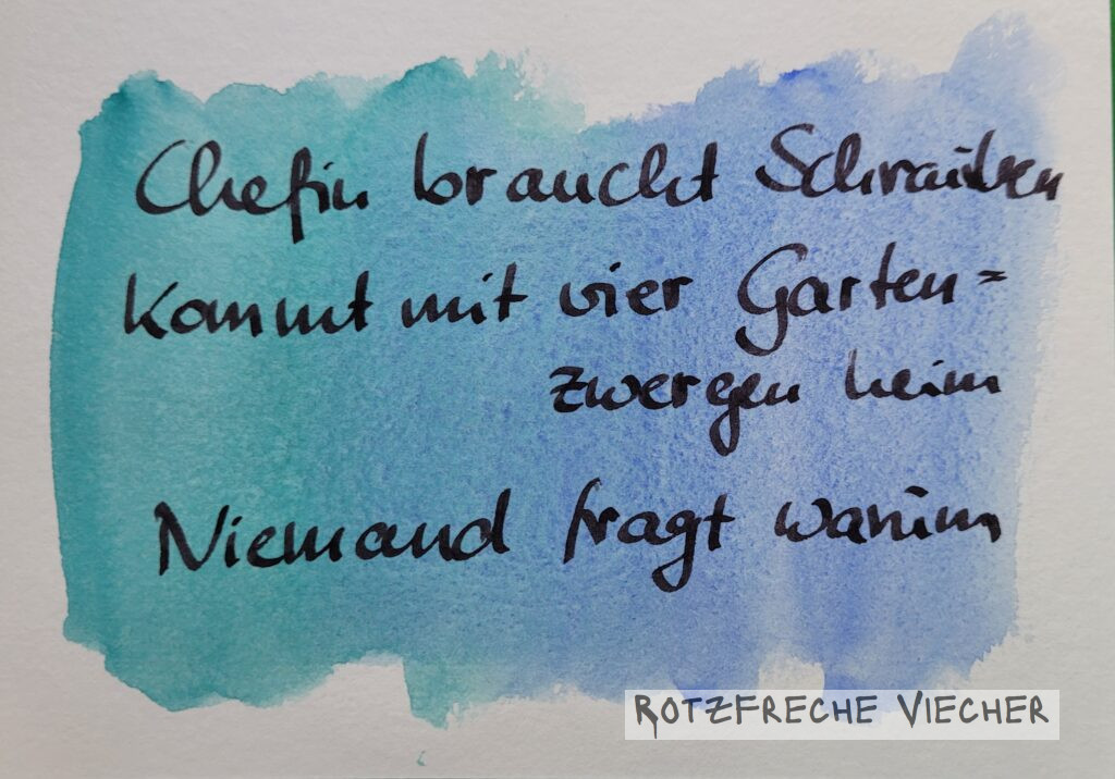 Chefin braucht Schrauben kommt mit vier Gartenzwergen heim Niemand fragt warum
