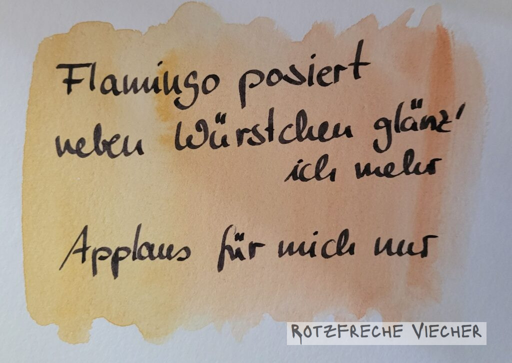 Flamingo posiert Neben Würstchen glnz ich mehr Applaus für mich nur